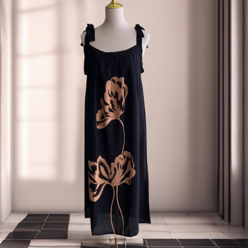 0052/   Black Tie on Shoulder Dress With Flower Pattern